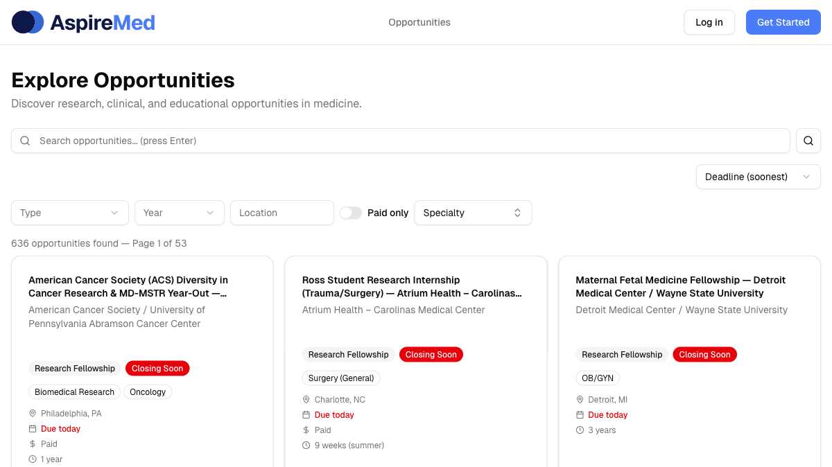 AspireMed opportunity browser showing research fellowships with filters for type, year, location, and specialty